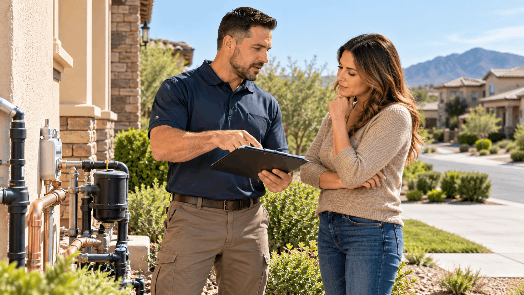 Plumber showing clipboard estimate to homeowner beside outdoor pipes in Southern Highlands Las Vegas neighborhood