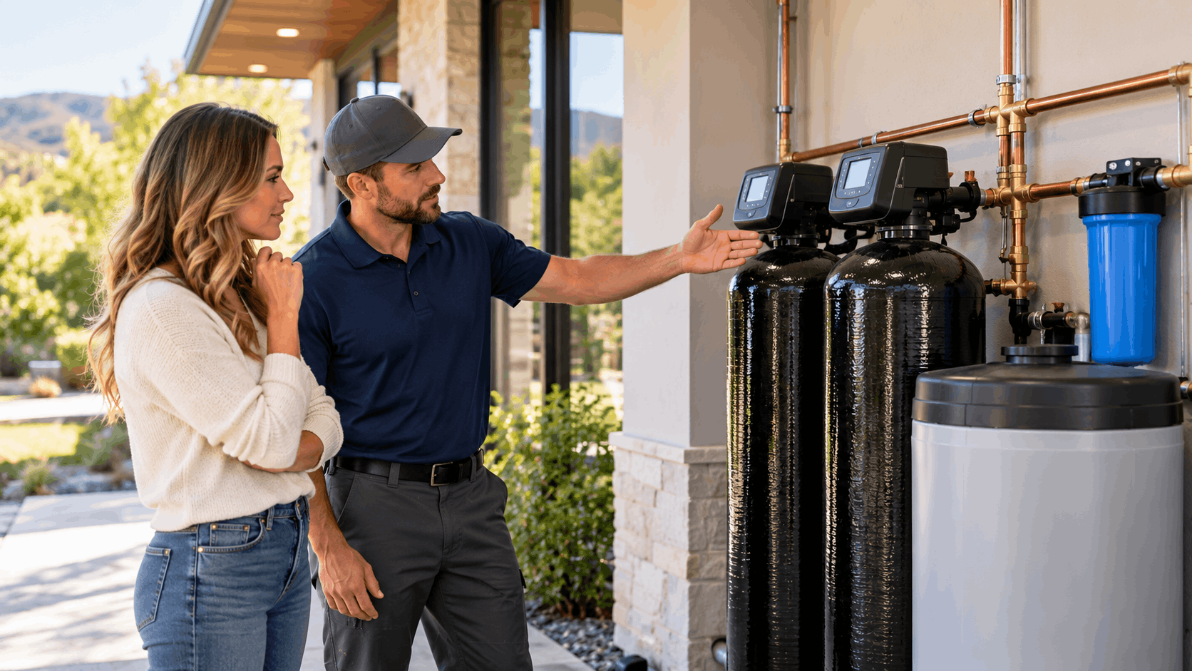 Water treatment technician explaining whole-house filtration system to Southern Highlands homeowner outdoors