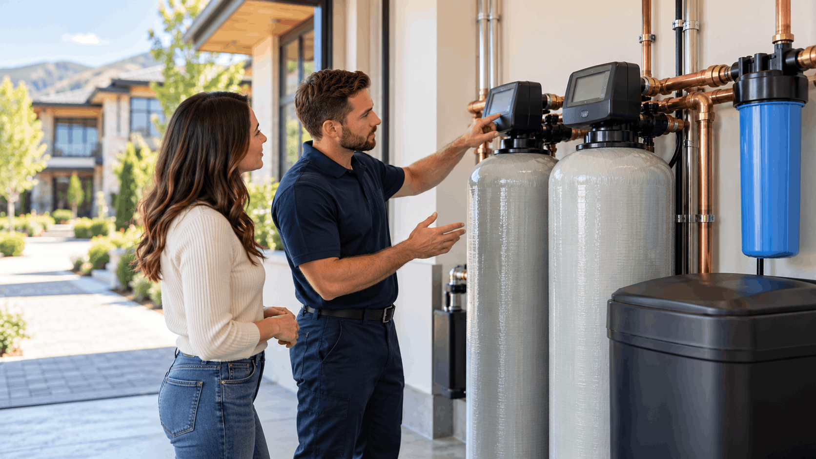 Plumber explaining whole house water treatment system to Las Vegas homeowner outdoors