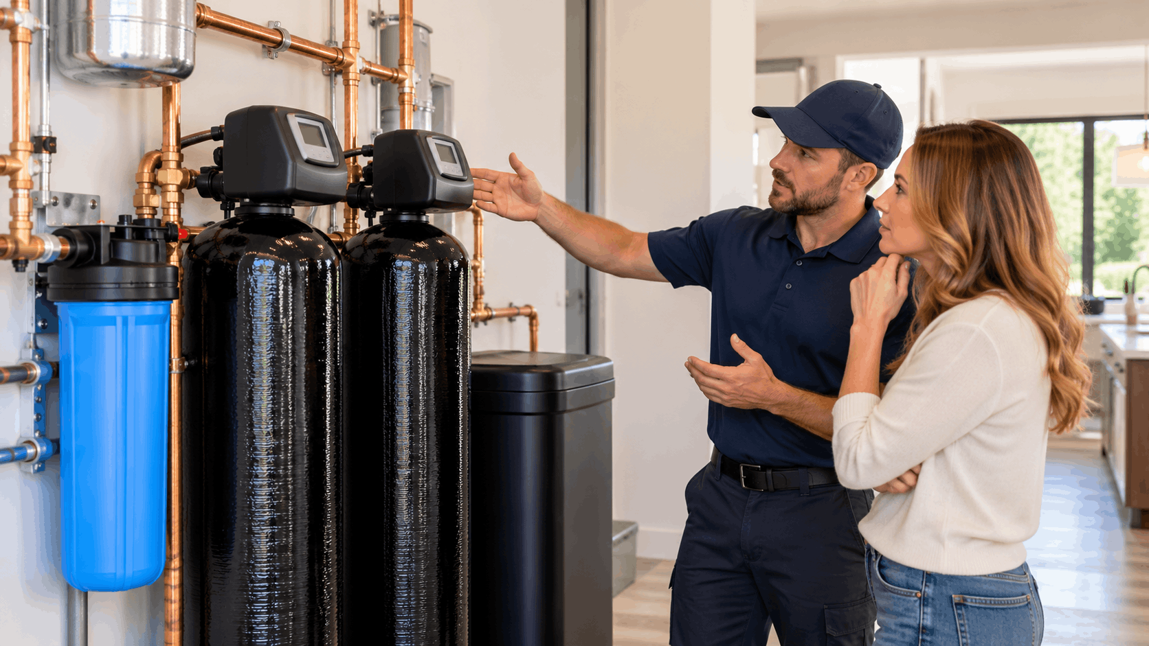 Plumber explaining whole home water filtration system costs to Las Vegas homeowner
