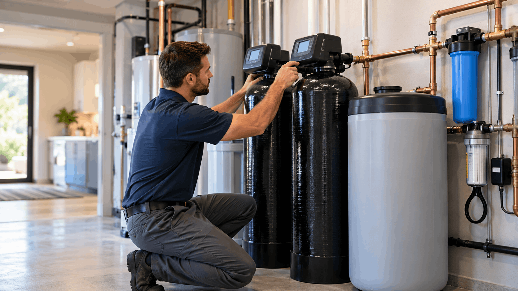 Plumber installing dual water softener tanks with copper pipe connections in utility room