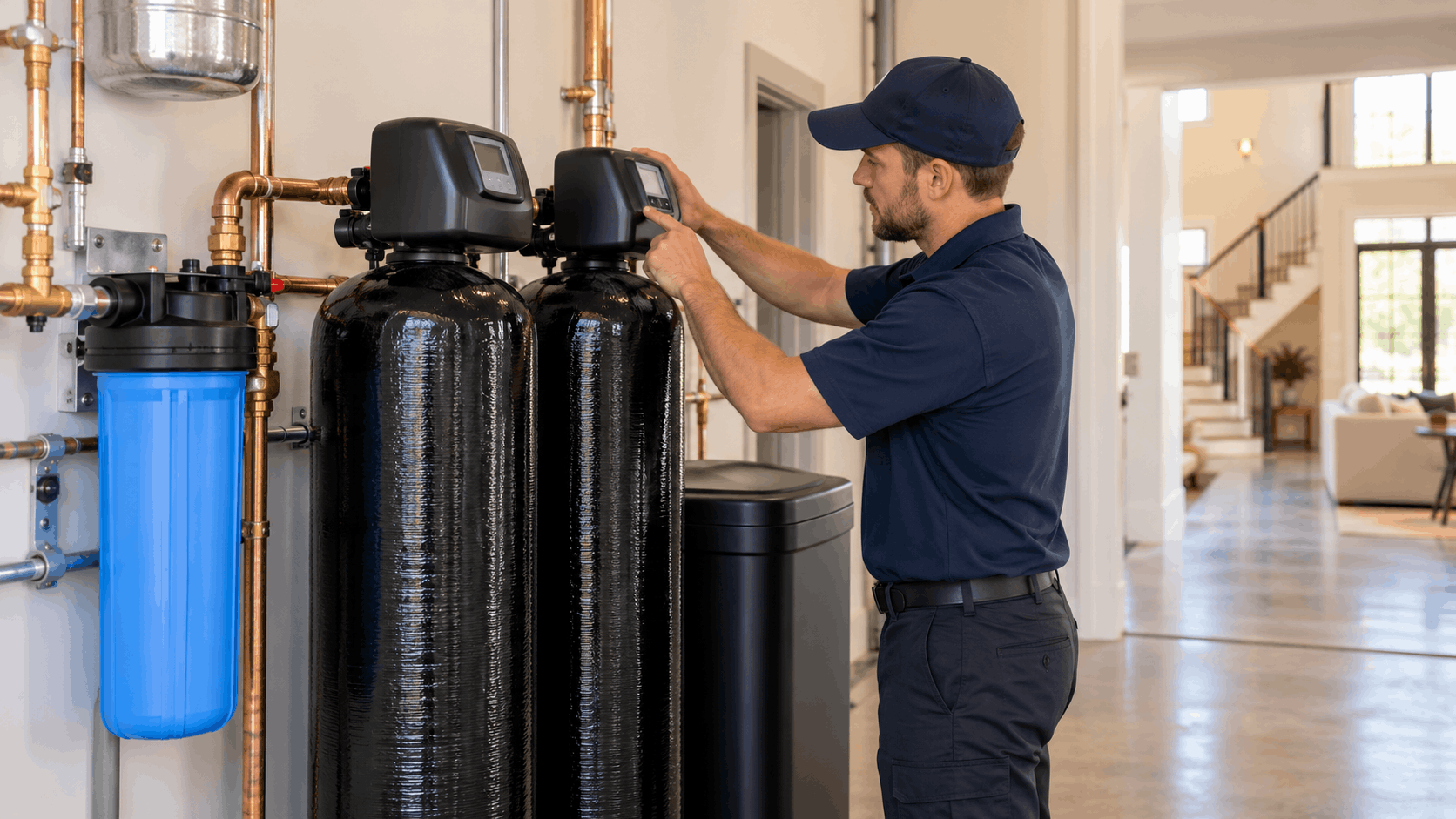 Plumber in navy uniform adjusting water softener system controls in Las Vegas home