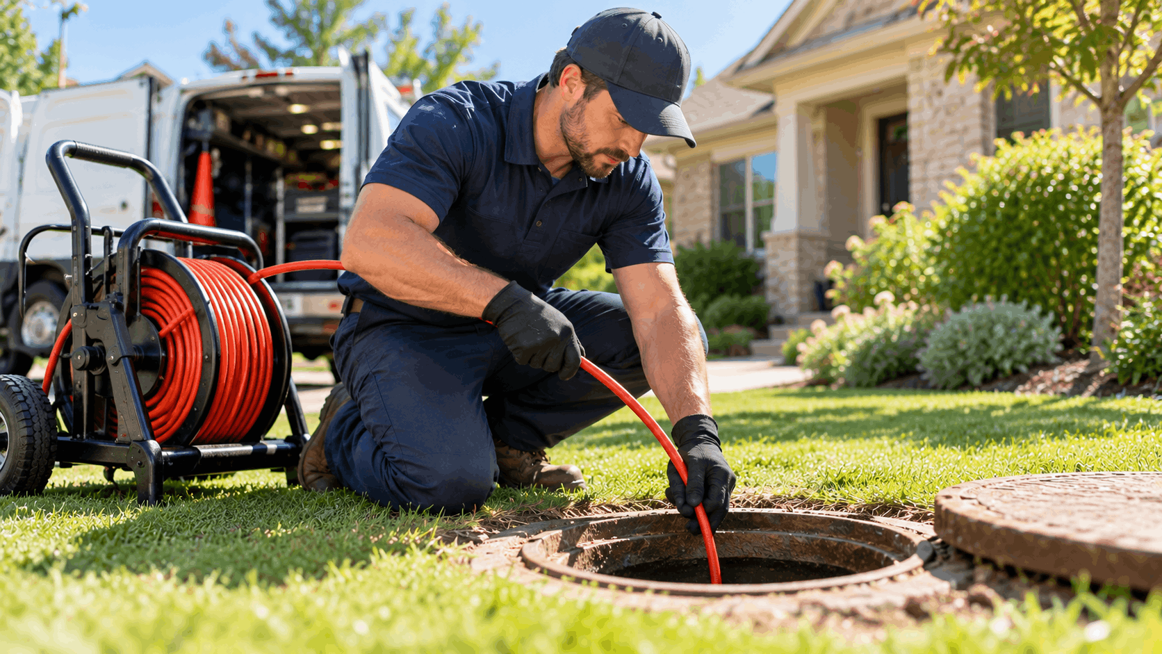 Plumber feeding red drain snake into sewer cleanout in residential yard