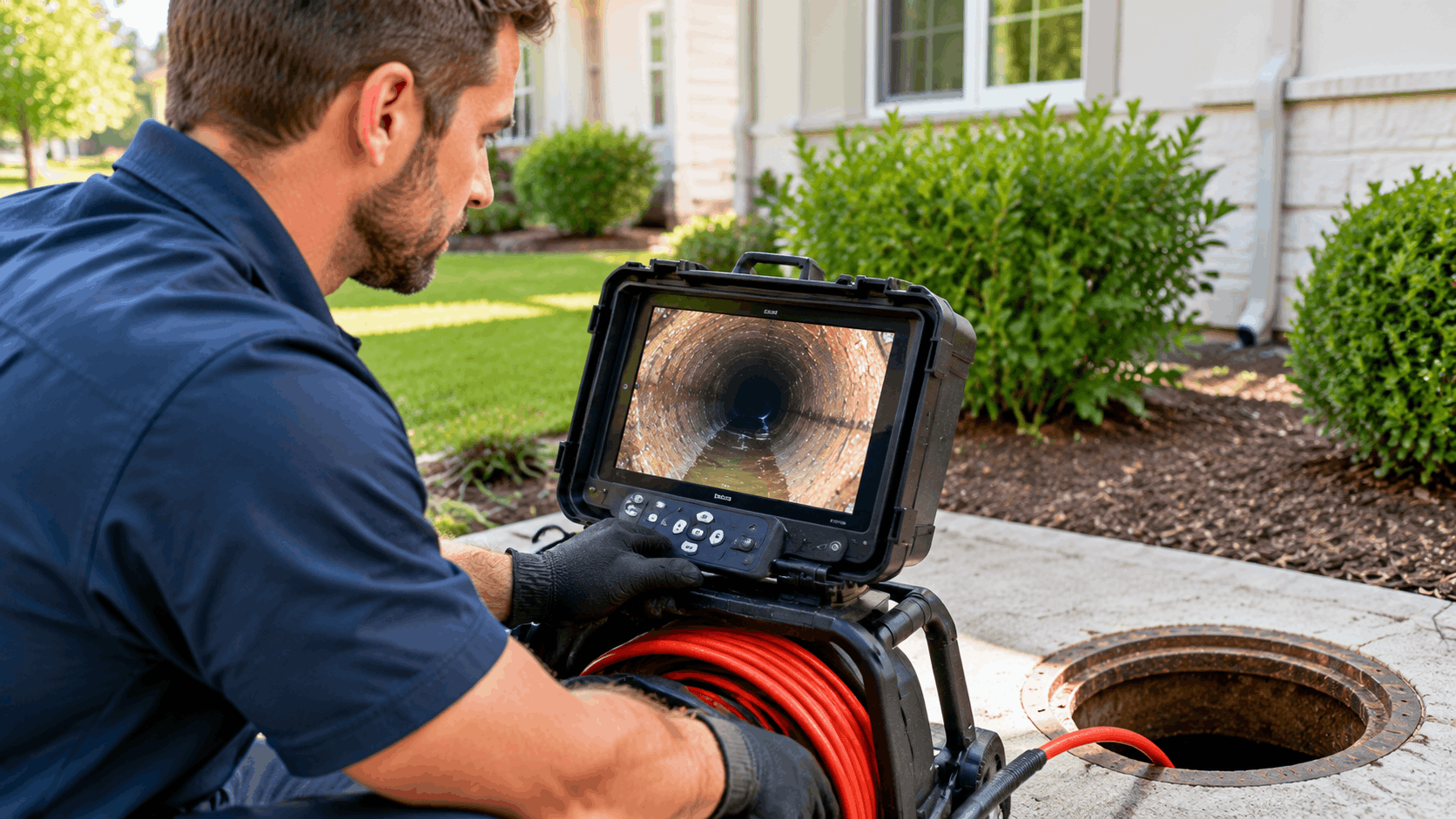 Plumber performing sewer camera inspection monitoring pipe interior on portable display screen
