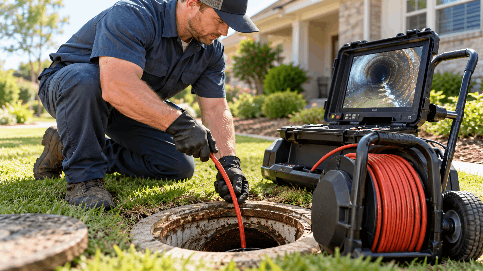 Plumber inserting sewer camera cable into manhole access point for pipe inspection