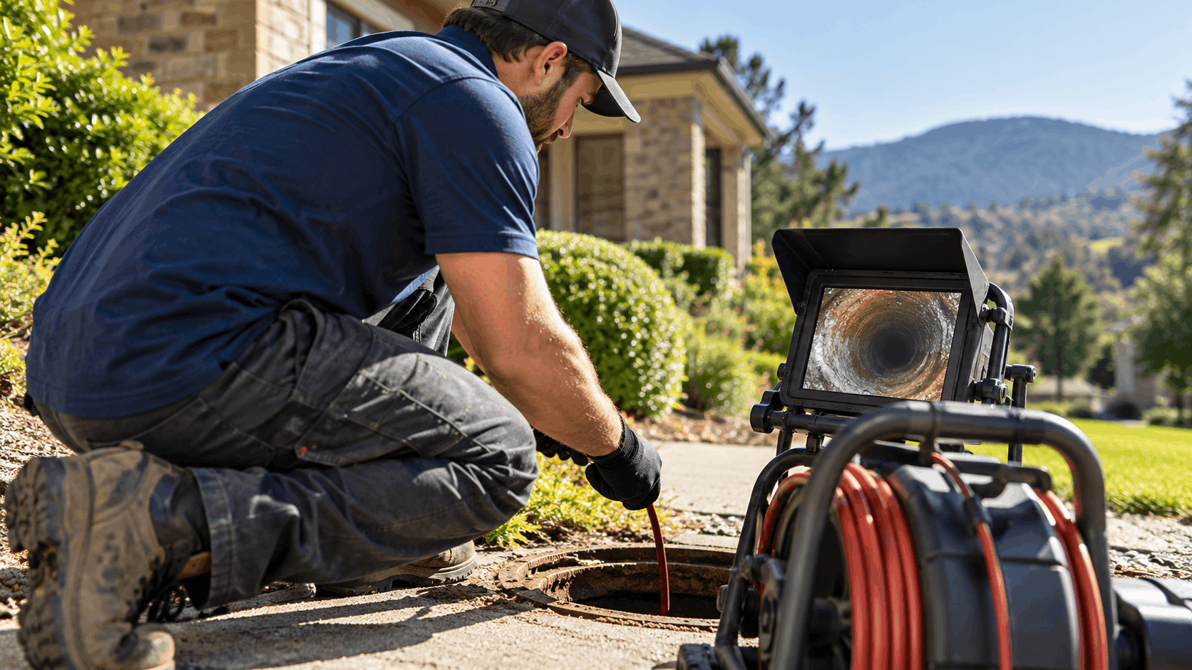 Plumber performing sewer camera inspection at residential access point in Southern Highlands