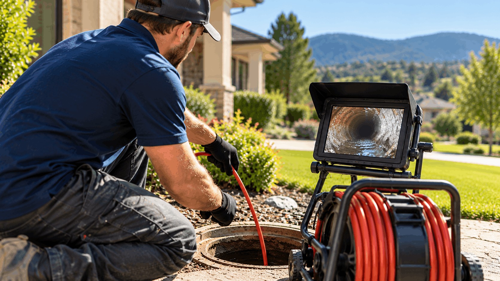 Plumber inserting sewer camera into residential main line cleanout access point