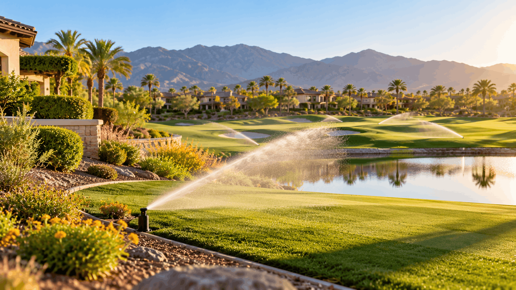 Golf course sprinkler system irrigating lush fairways beside luxury homes in Las Vegas desert landscape