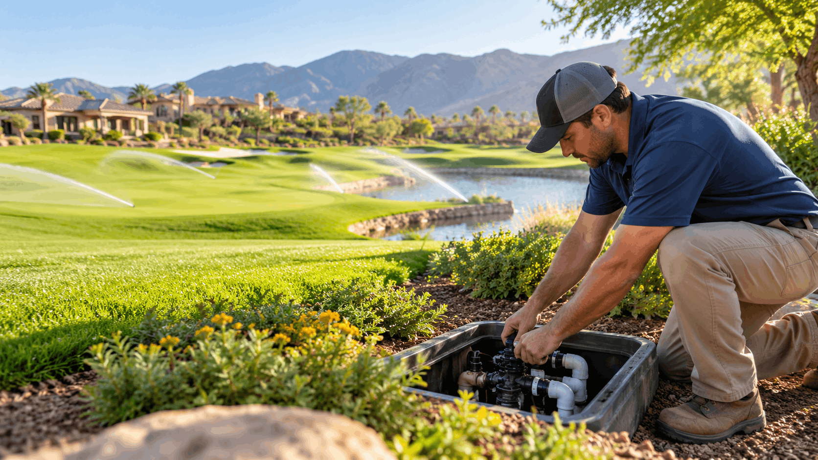 Irrigation technician repairing underground valve box on lush Las Vegas golf course landscape