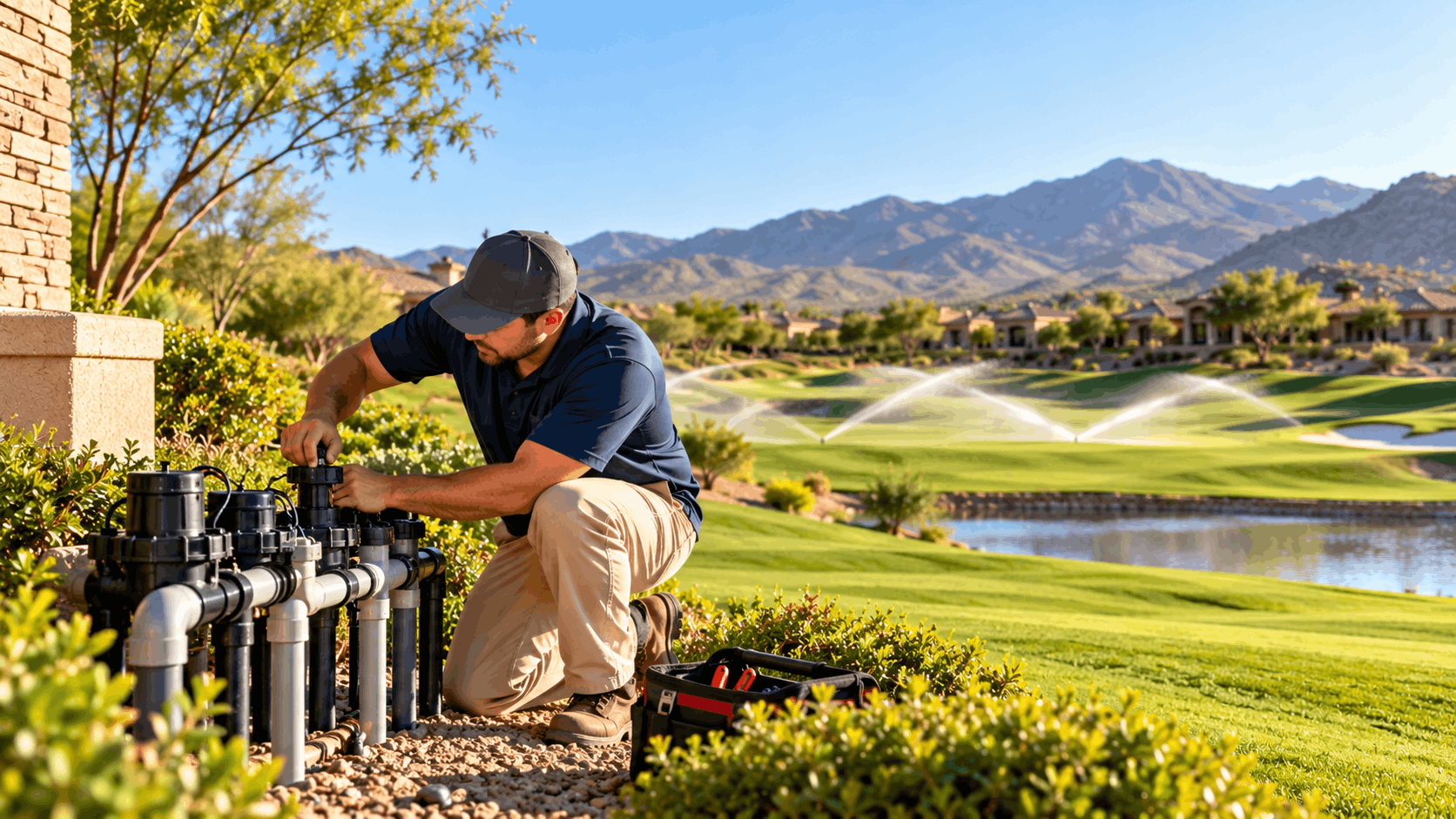 Irrigation technician servicing valve manifold at lush Las Vegas golf course estate landscape