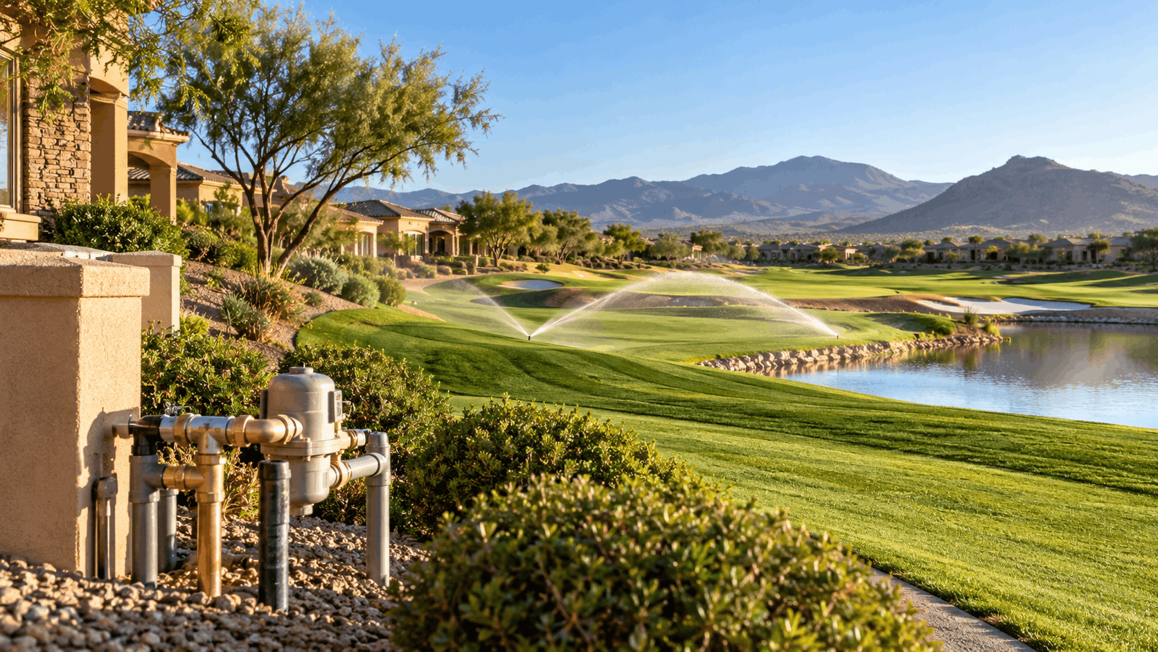 Southern Highlands golf course irrigation system with backflow preventer valves and sprinklers running