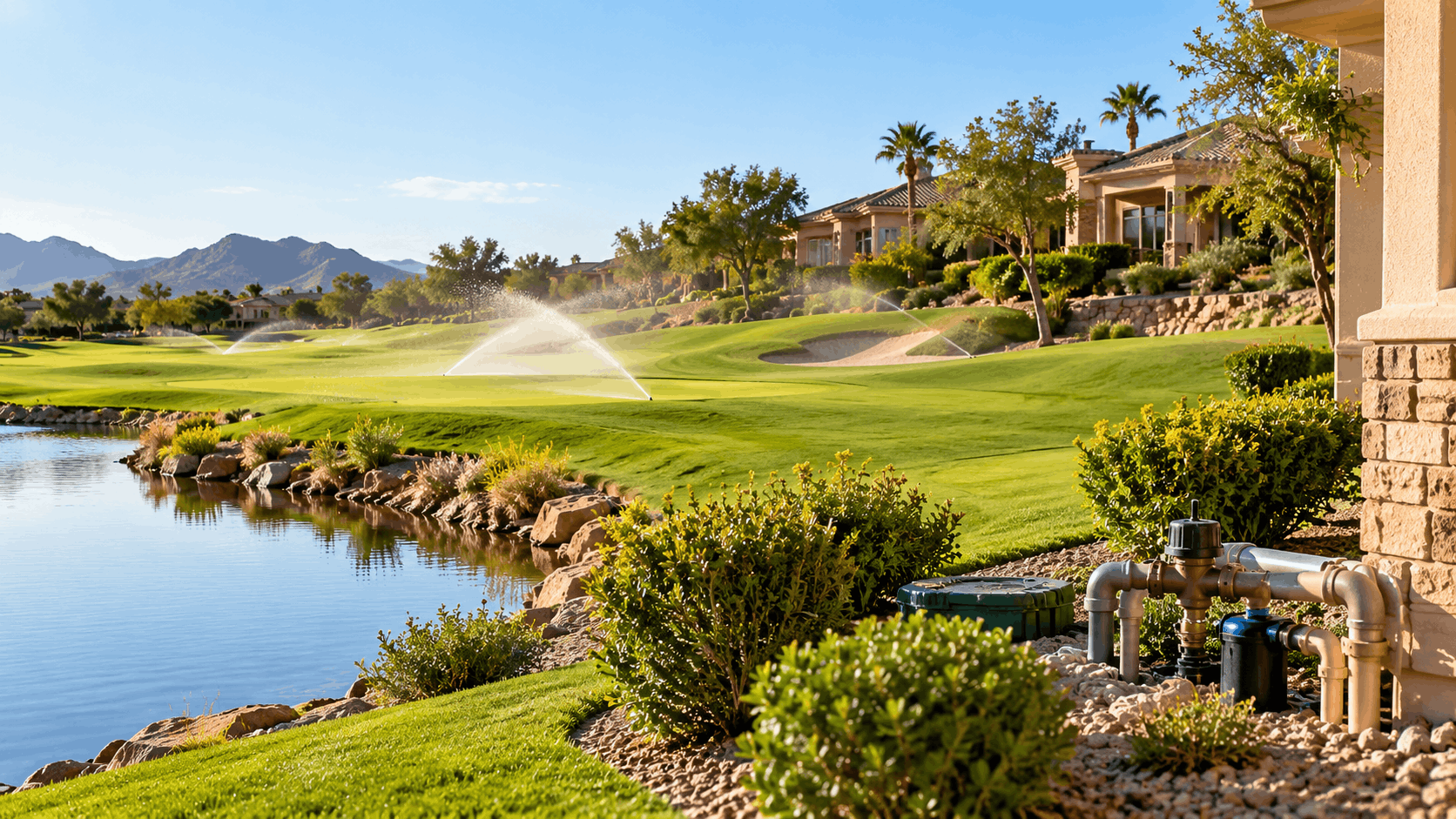 Luxury Las Vegas golf course estate with irrigation system pipes and active sprinklers
