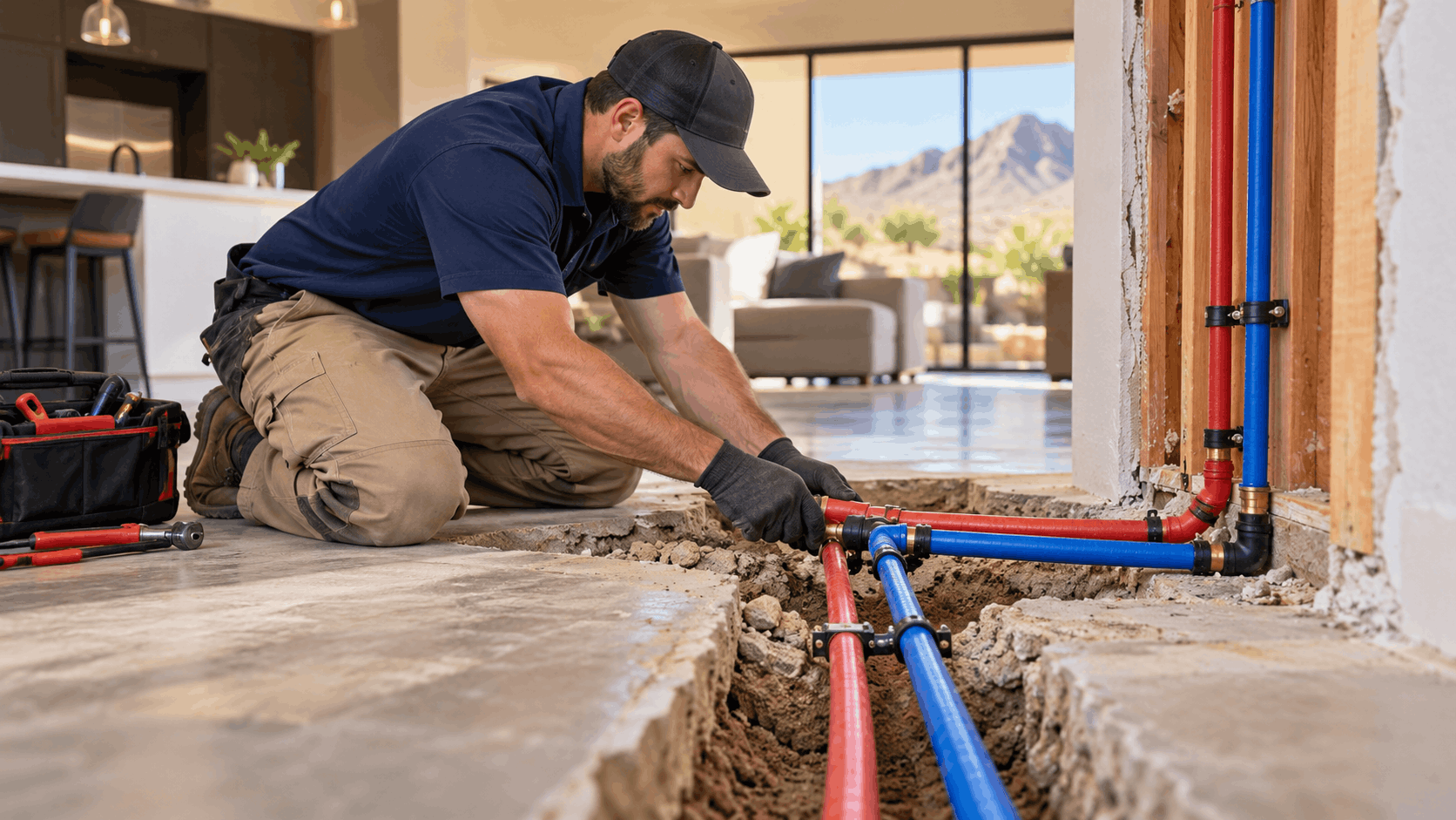 Plumber repairing slab leak by installing red and blue PVC pipes in concrete floor
