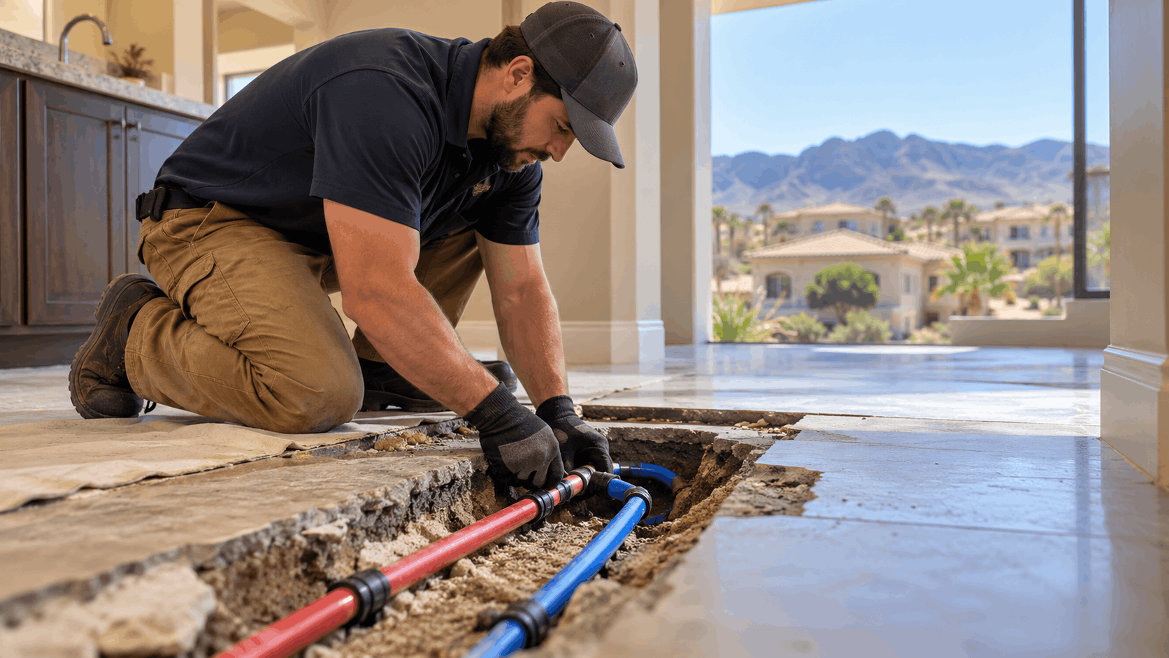 Plumber repairing under-slab pipe leak with red and blue pipes in Las Vegas home