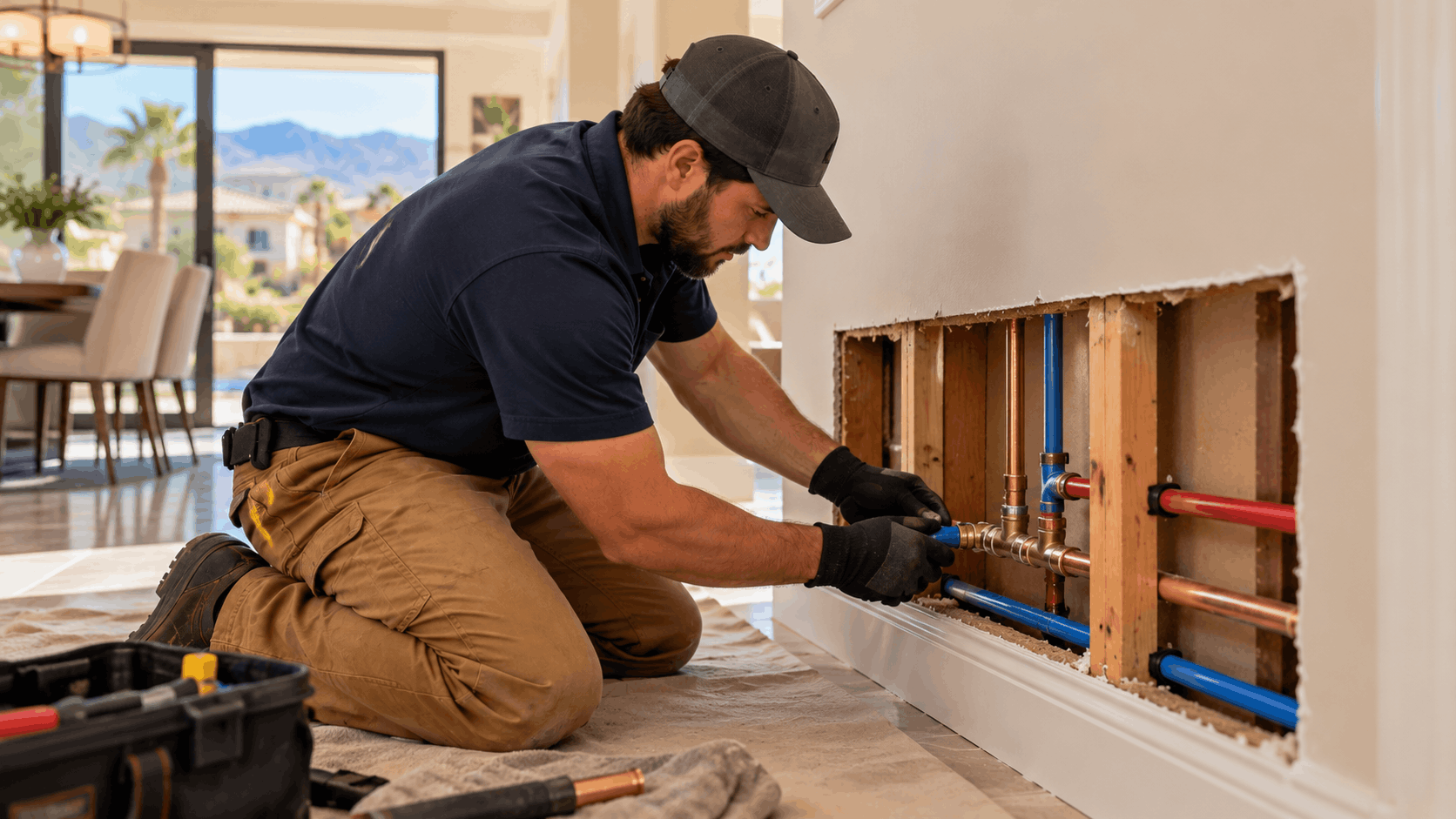 Licensed plumber repairing copper and PEX pipes inside open wall cavity