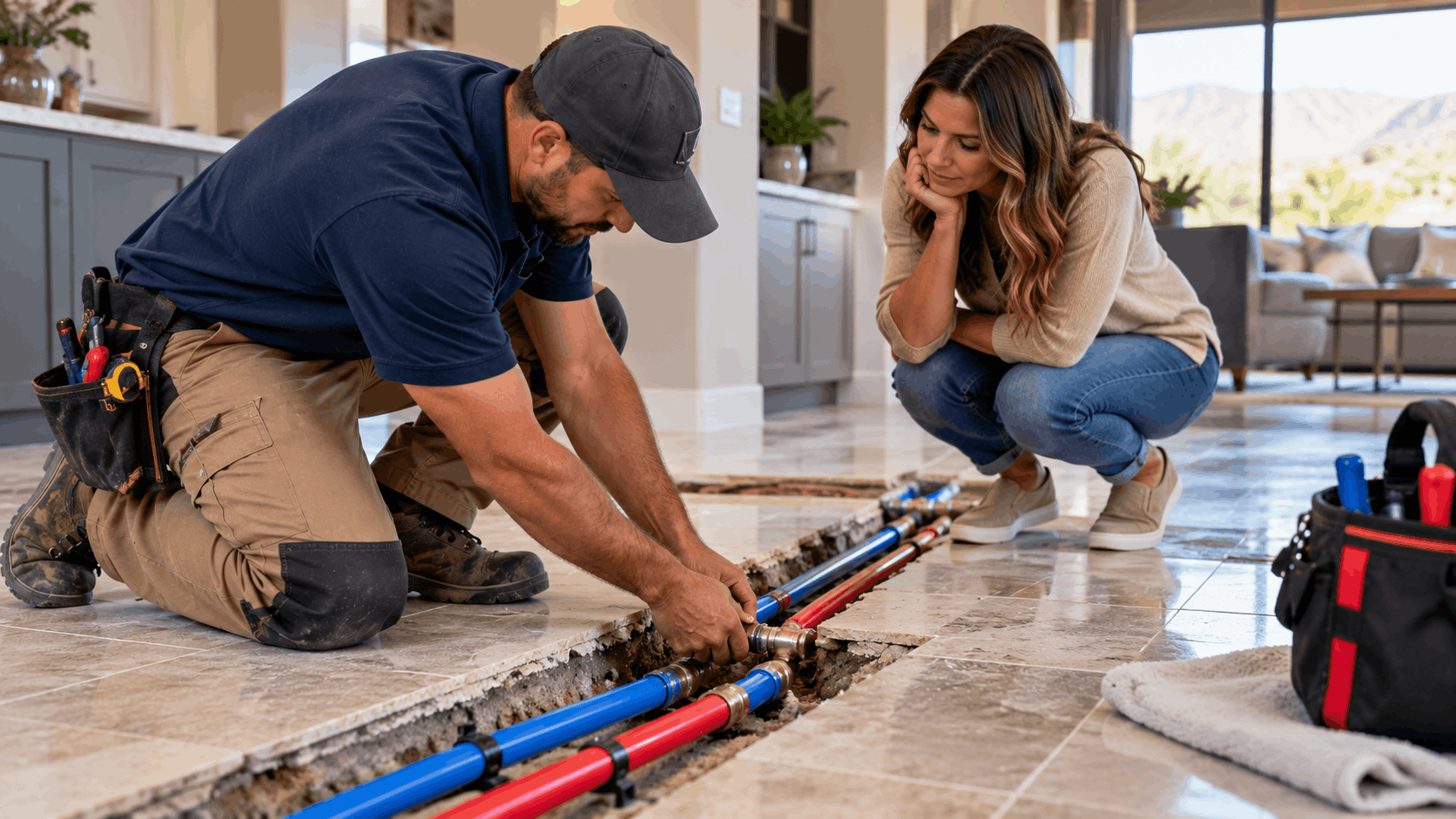 Plumber rerouting red and blue pipes in slab leak repair while homeowner watches