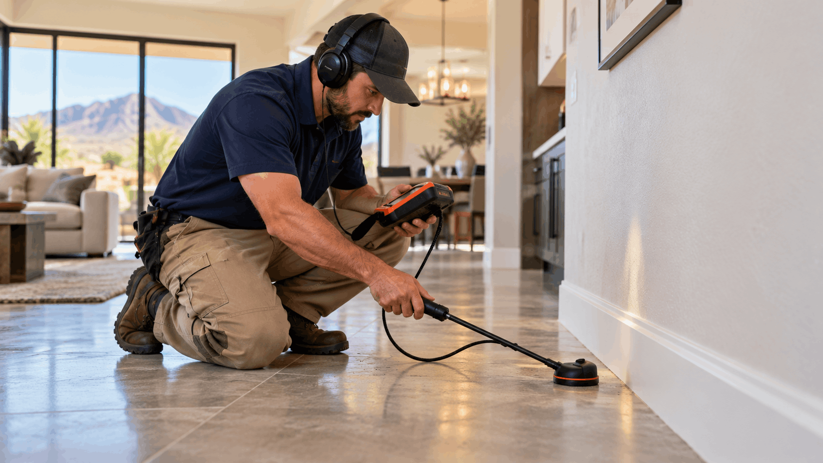 Plumber using acoustic leak detection equipment along home baseboard in Las Vegas