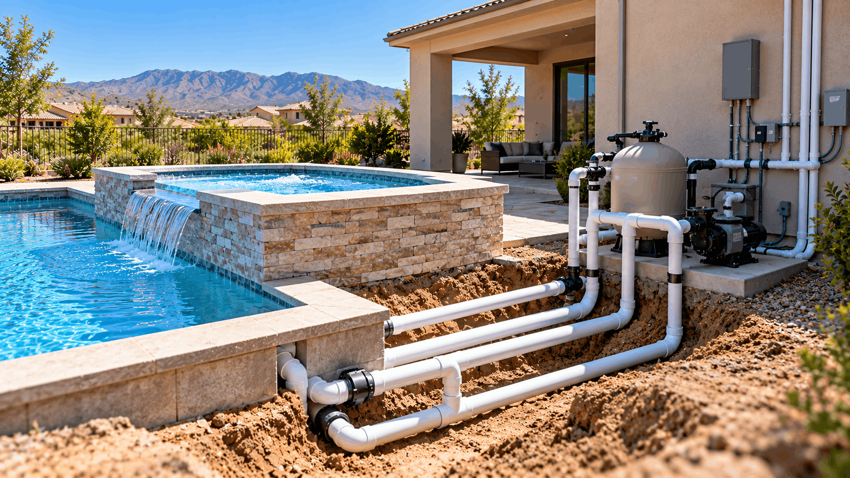 Exposed PVC pool plumbing pipes connecting spa waterfall feature to filtration pump system Las Vegas backyard