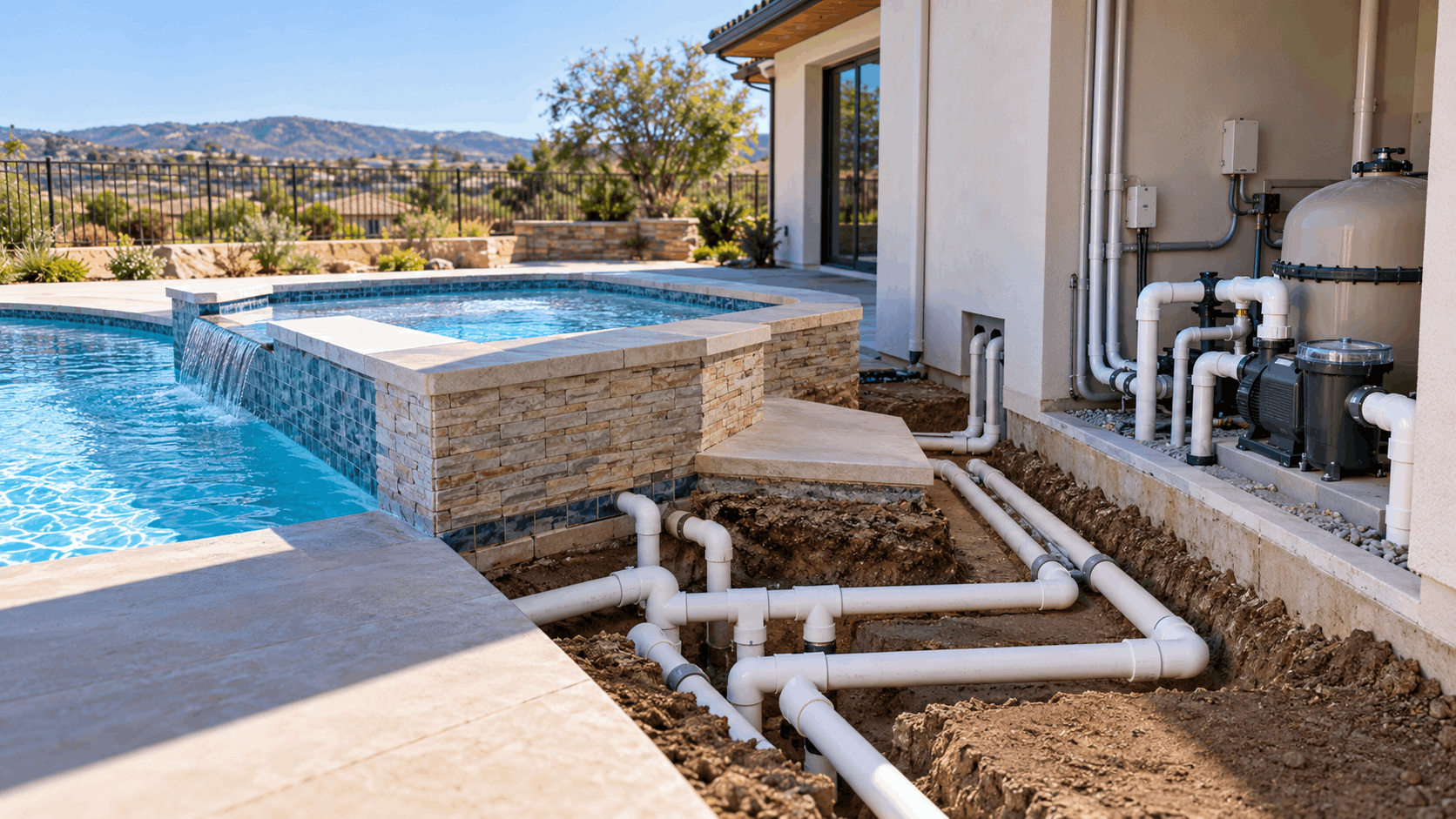Exposed PVC pool plumbing pipes and pump system beside luxury Las Vegas hillside home