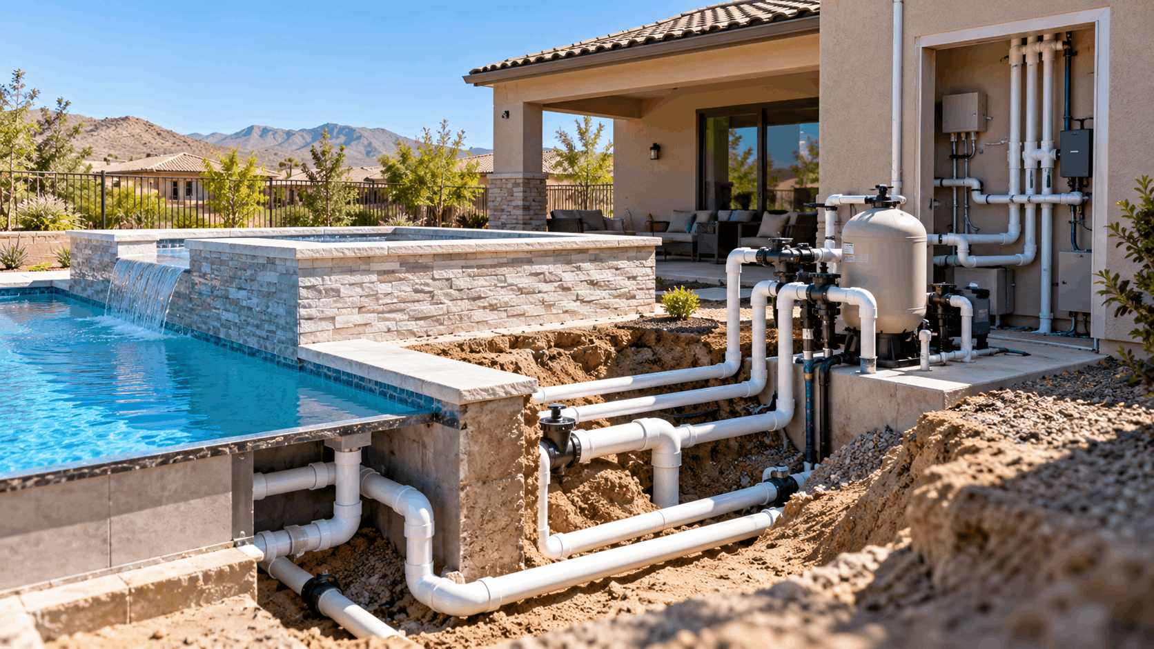 Exposed PVC pool plumbing pipes running through excavated desert backyard soil