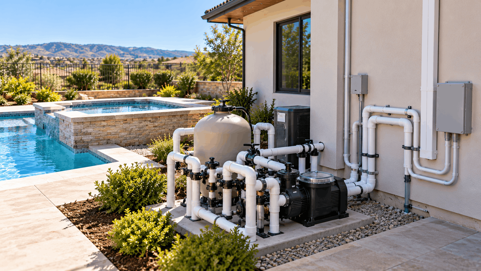 Residential pool pump system with PVC plumbing and sand filter beside Las Vegas home