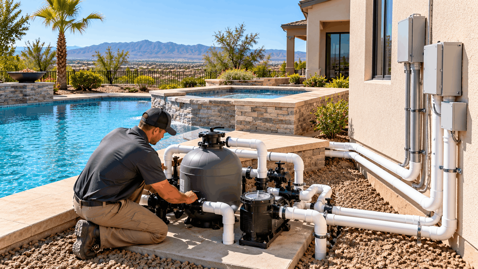 Pool and spa plumbing technician servicing filtration system and pump equipment Las Vegas