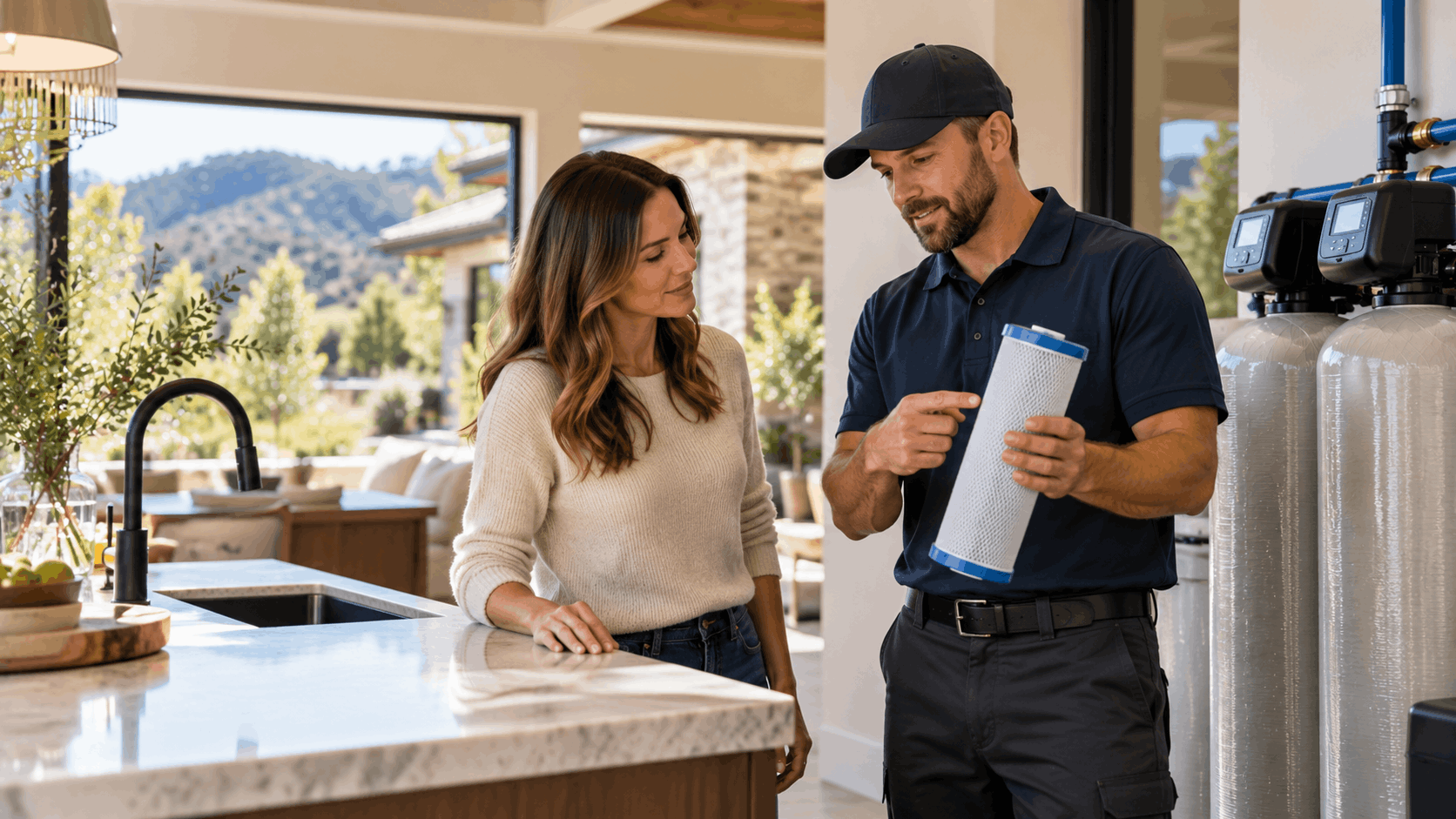 Water treatment technician showing homeowner a whole-house filtration cartridge in modern kitchen
