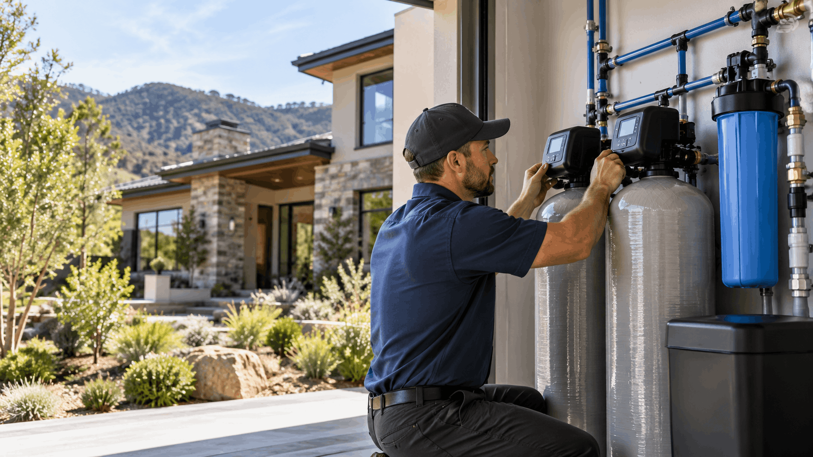 Plumber installing whole-home water filtration system at luxury Southern Highlands Las Vegas property