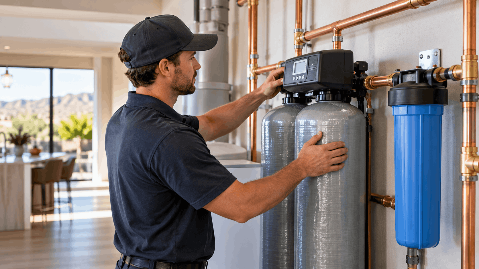 Plumber installing water softener system with copper pipes in Las Vegas home