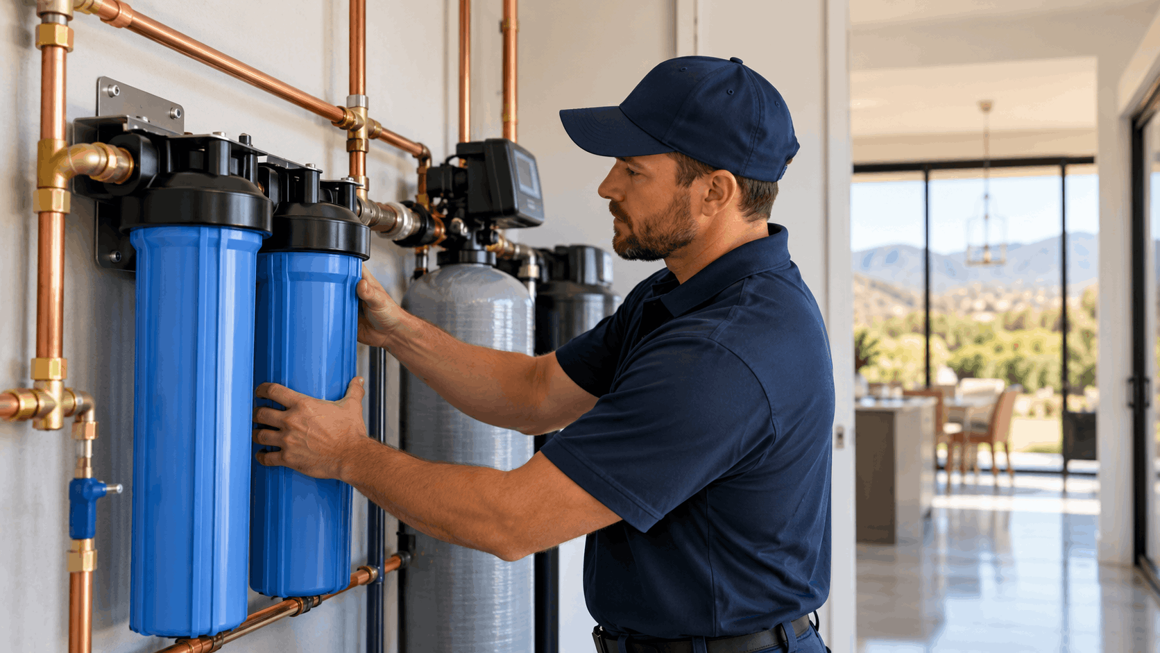 Plumber installing whole-house water filtration and softener system with copper pipes