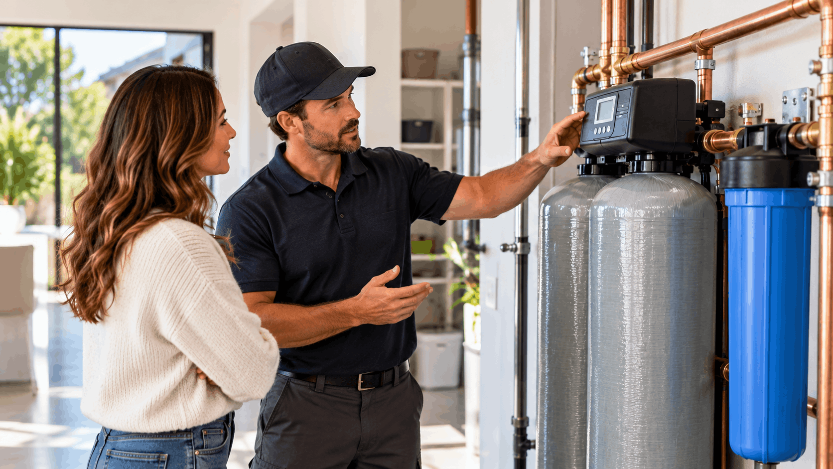 Plumber explaining water softener system to homeowner in Las Vegas residence