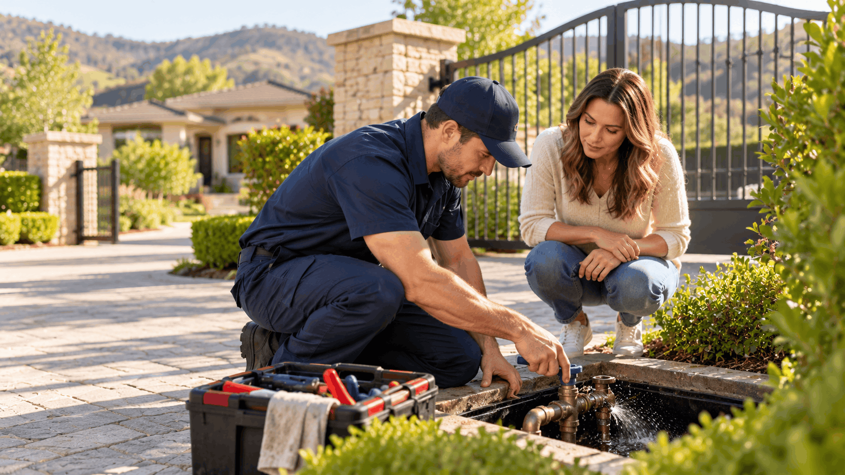 Plumber repairing outdoor irrigation pipes at luxury Las Vegas property with homeowner watching