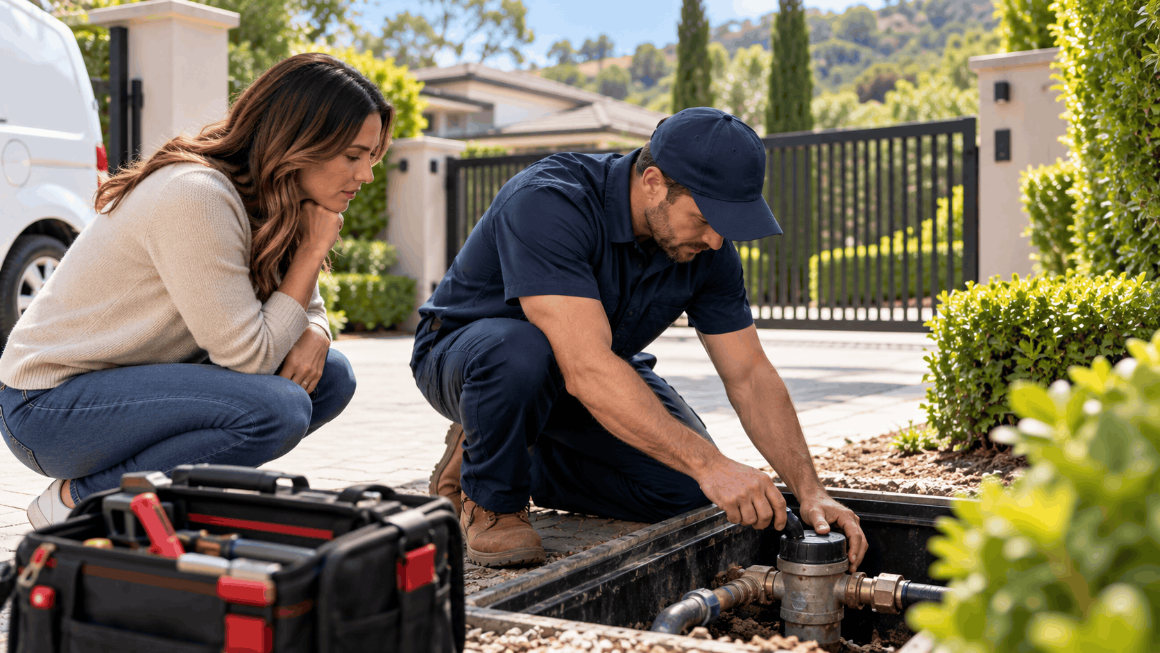 Plumber repairing outdoor gas line valve while homeowner watches in luxury driveway