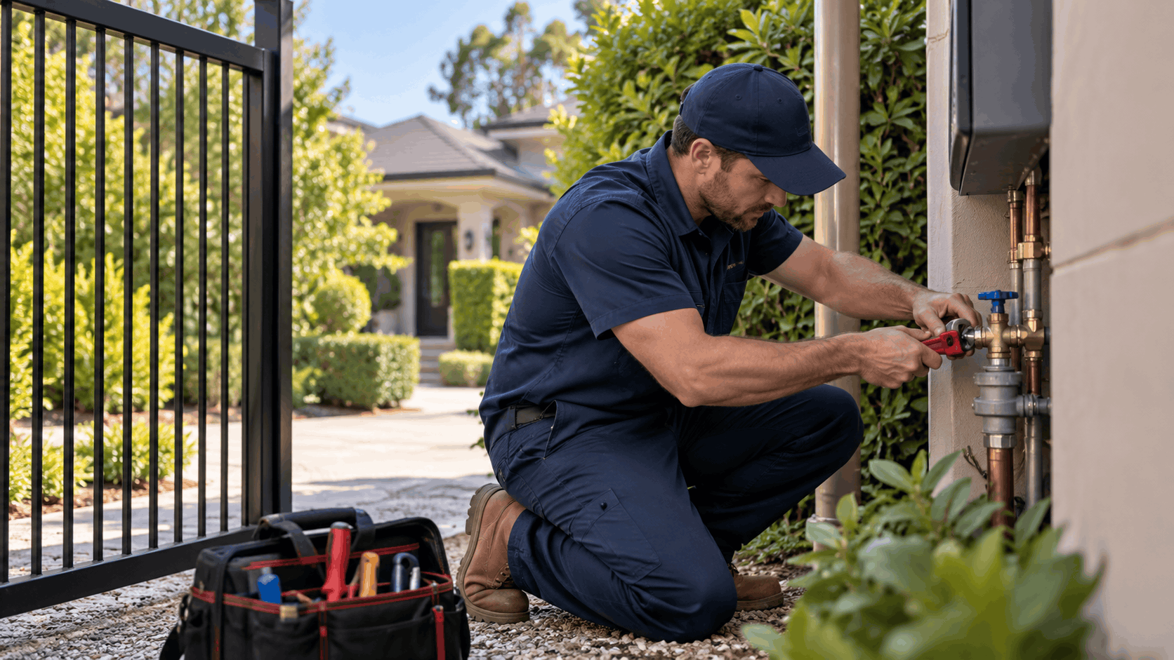 Plumber in navy uniform tightening copper pipe valves on Las Vegas home exterior