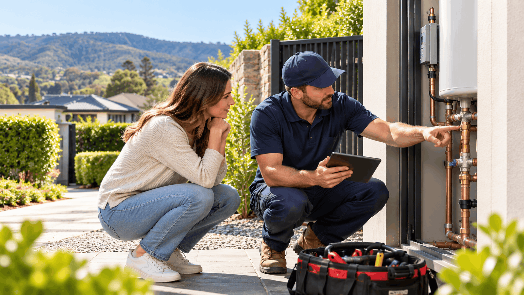 Active Plumbing technician explaining copper pipe system to Southern Highlands homeowner outdoors