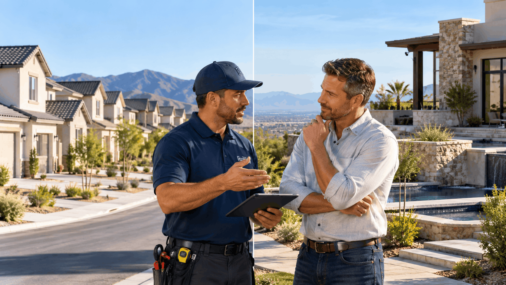 Plumber with tablet consulting homeowner outside luxury Southern Highlands Las Vegas residence