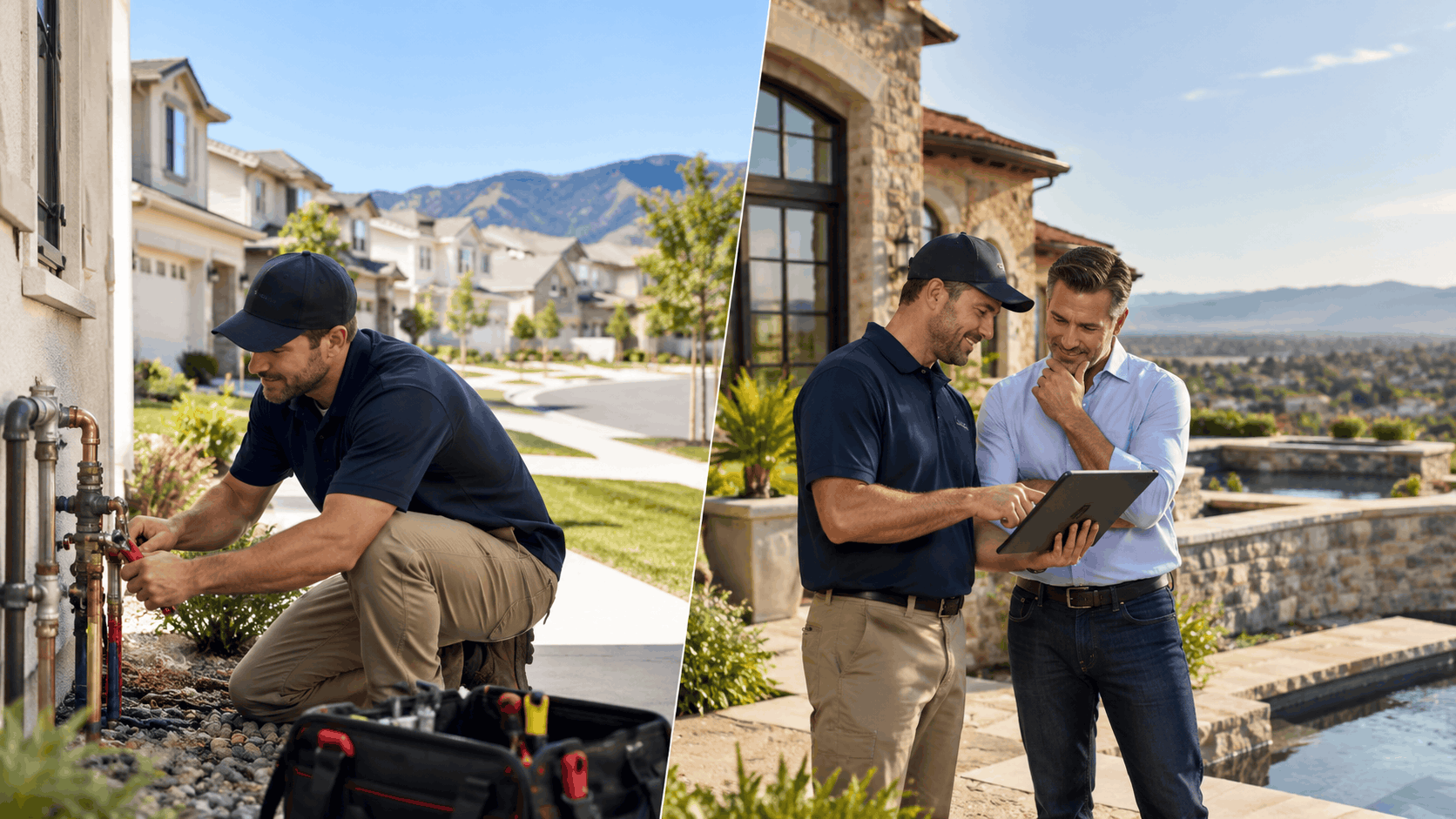 Active Plumbing technician repairing outdoor pipes and consulting homeowner with tablet in Las Vegas