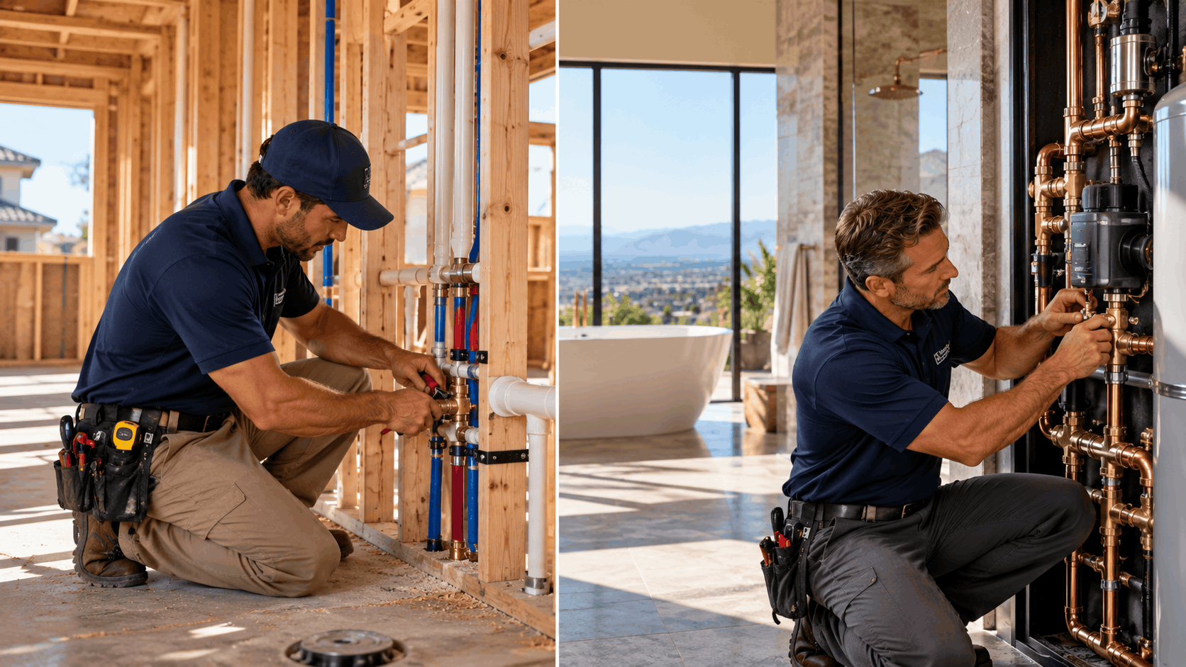 Licensed plumber installing PEX and copper pipes in Las Vegas new construction homes