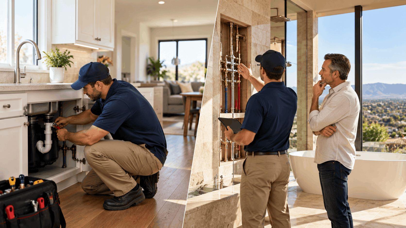 Active Plumbing technician repairing kitchen sink pipes and consulting homeowner in Las Vegas bathroom