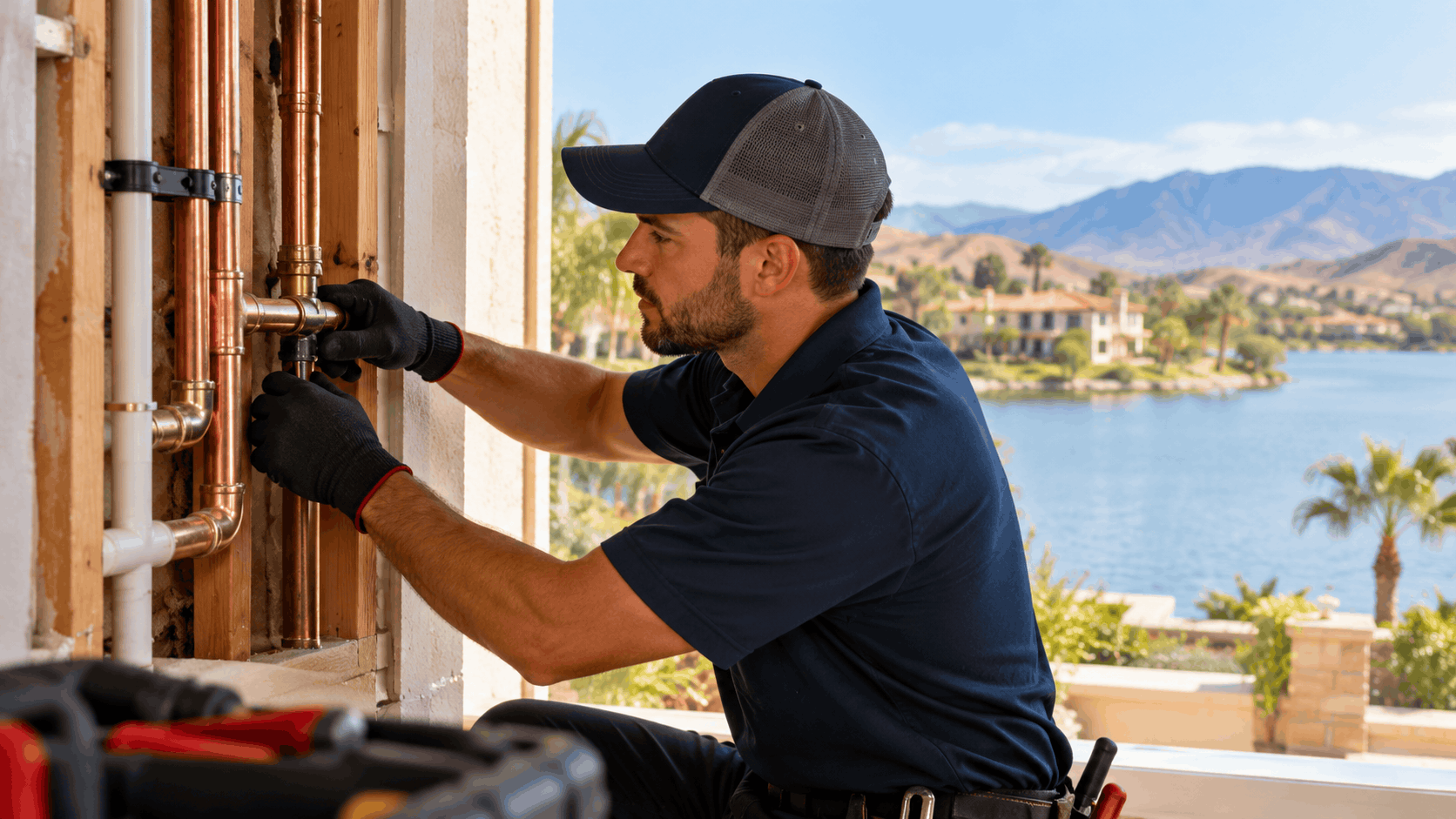 Plumber installing copper repiping pipes in wall near Lake Las Vegas waterfront home