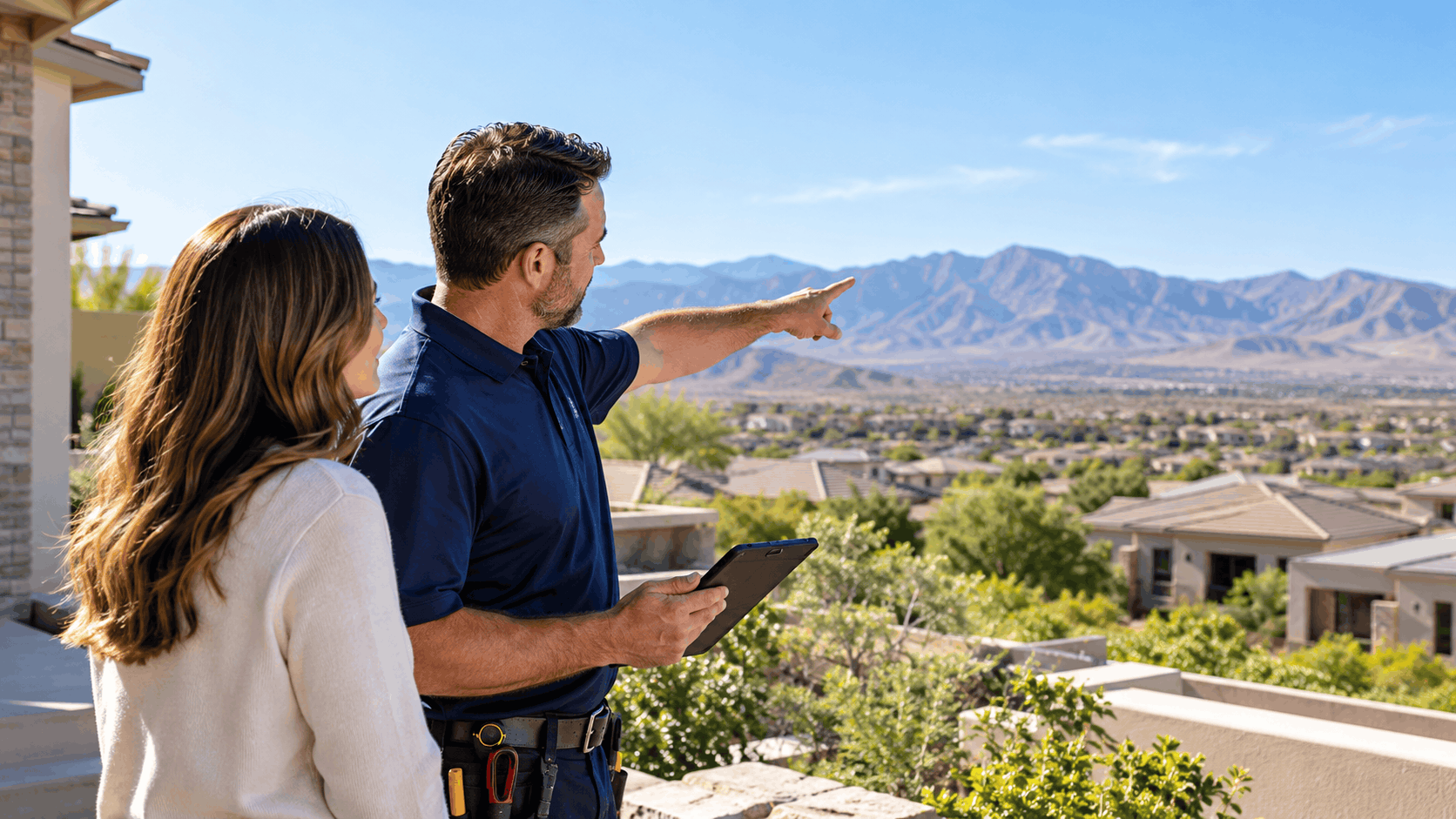 Plumber pointing toward Las Vegas suburban neighborhood with mountain views from elevated home