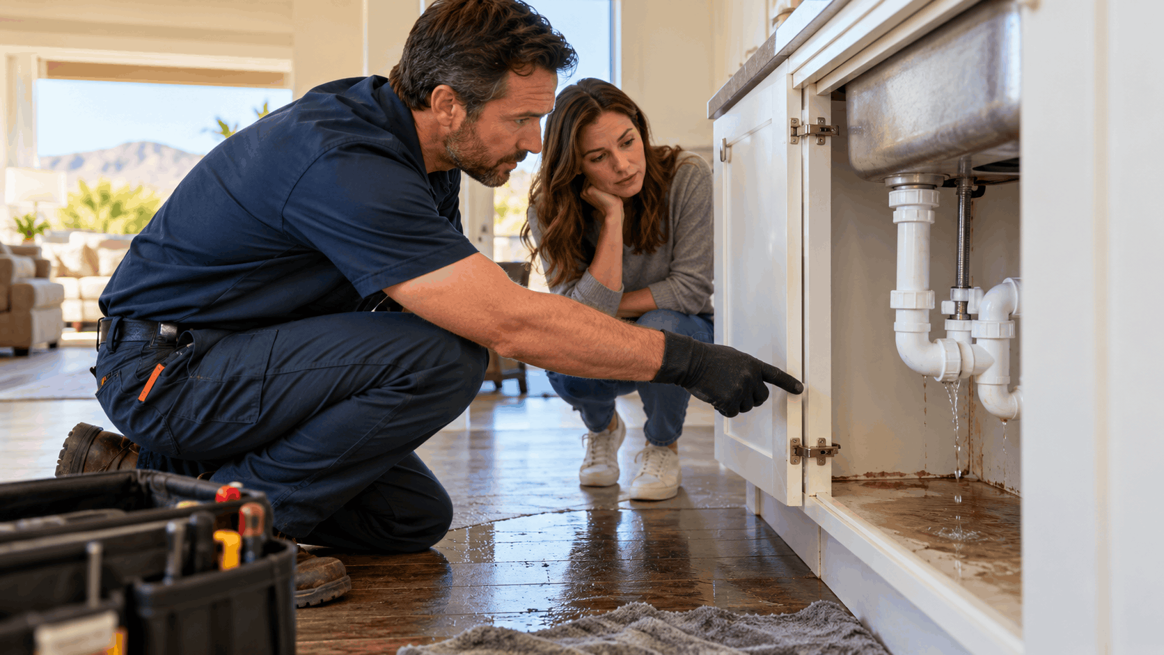 Plumber pointing at burst pipe leaking under kitchen sink with homeowner watching