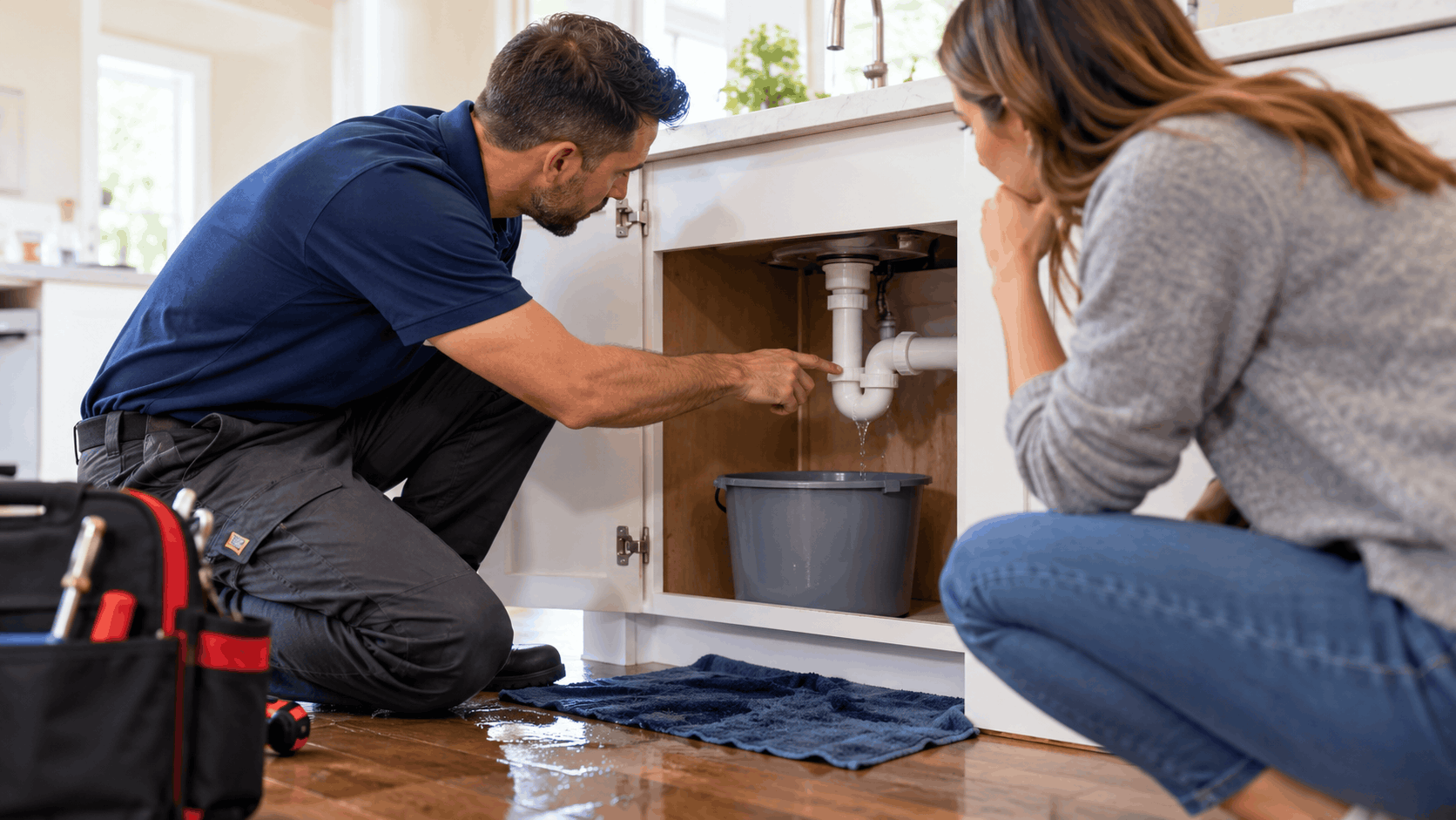 Plumber showing homeowner leaking pipe under kitchen sink with bucket catching water