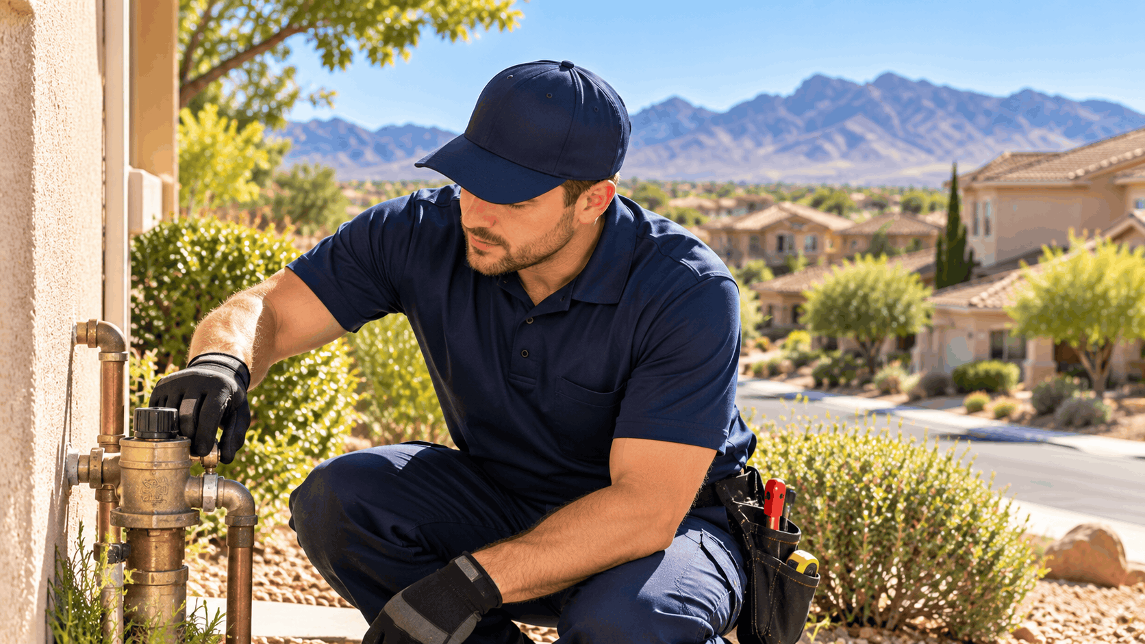 Plumber inspecting outdoor pipe valves at Las Vegas desert residential home