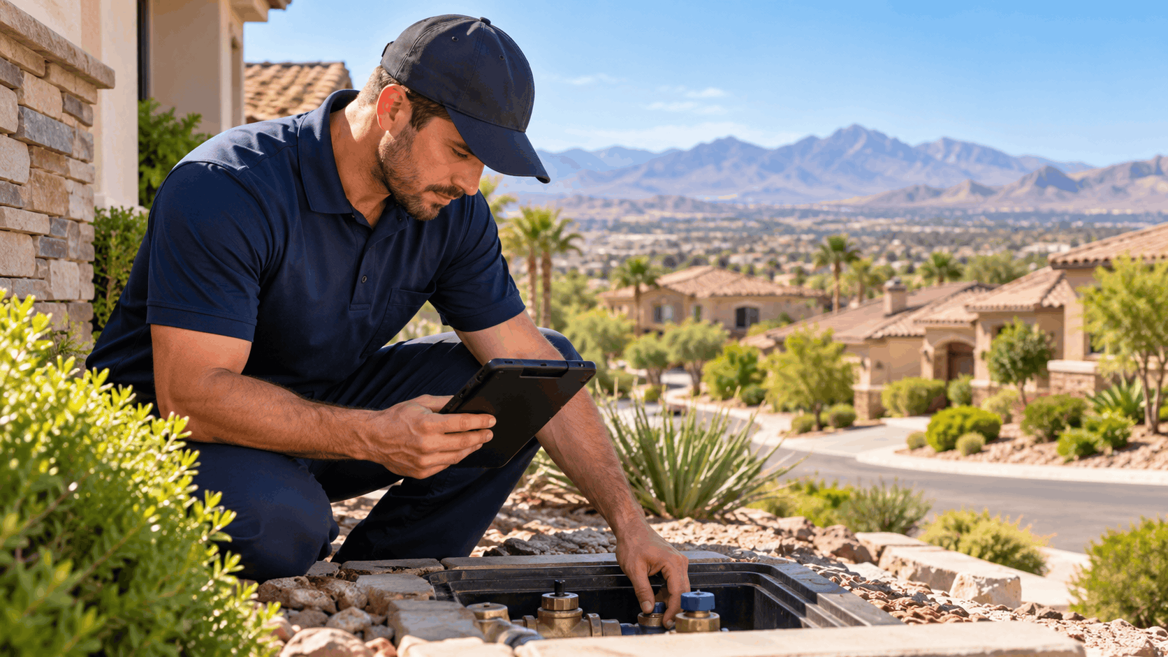 Plumber inspecting irrigation valve box with tablet at Summerlin luxury desert home
