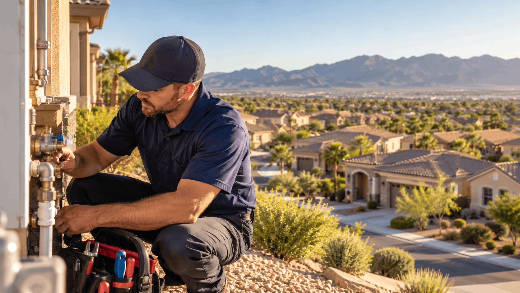 Plumber repiping exterior water lines on Las Vegas suburban home with mountain views