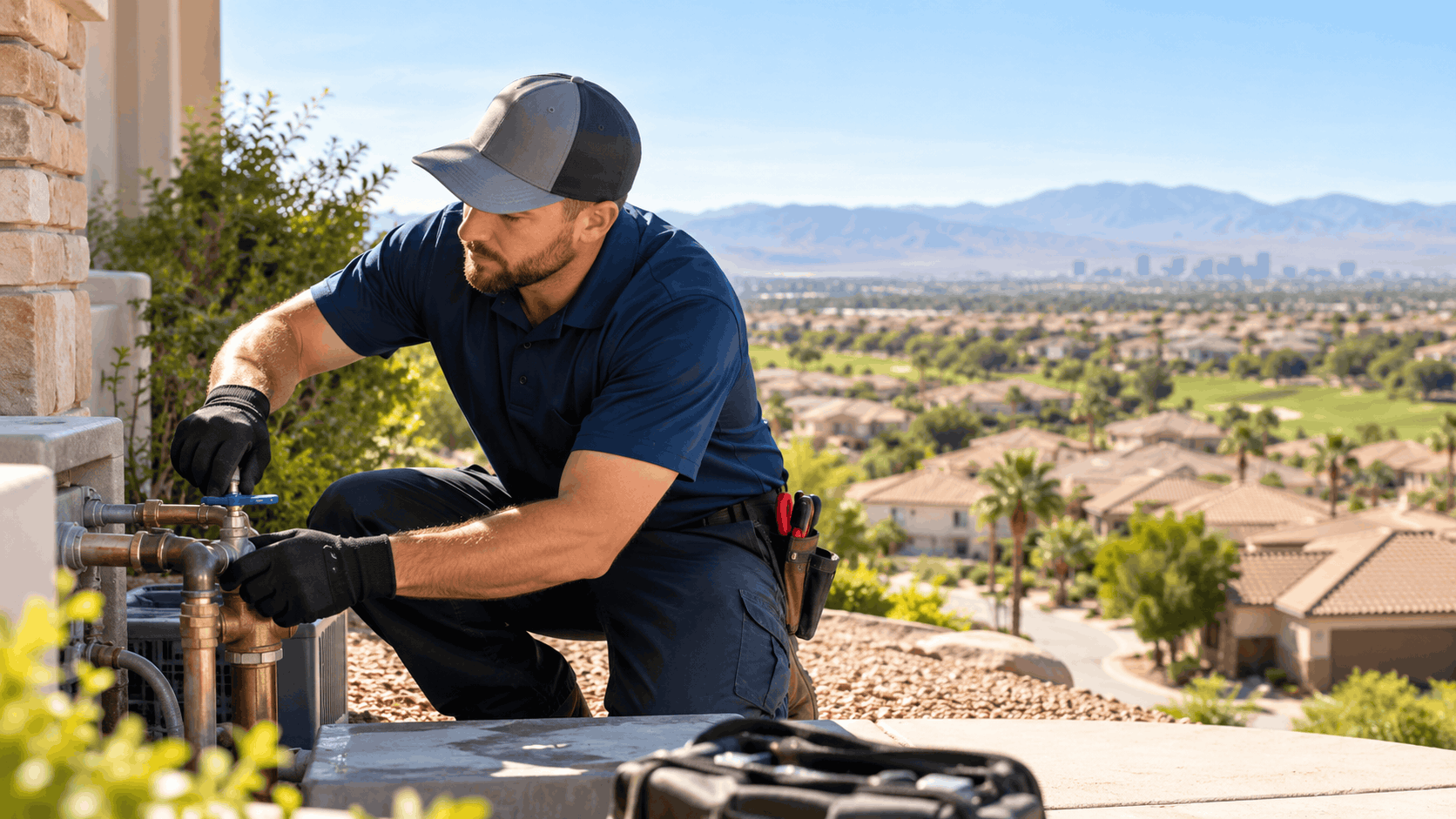 HVAC technician servicing outdoor AC unit at luxury Summerlin Las Vegas home