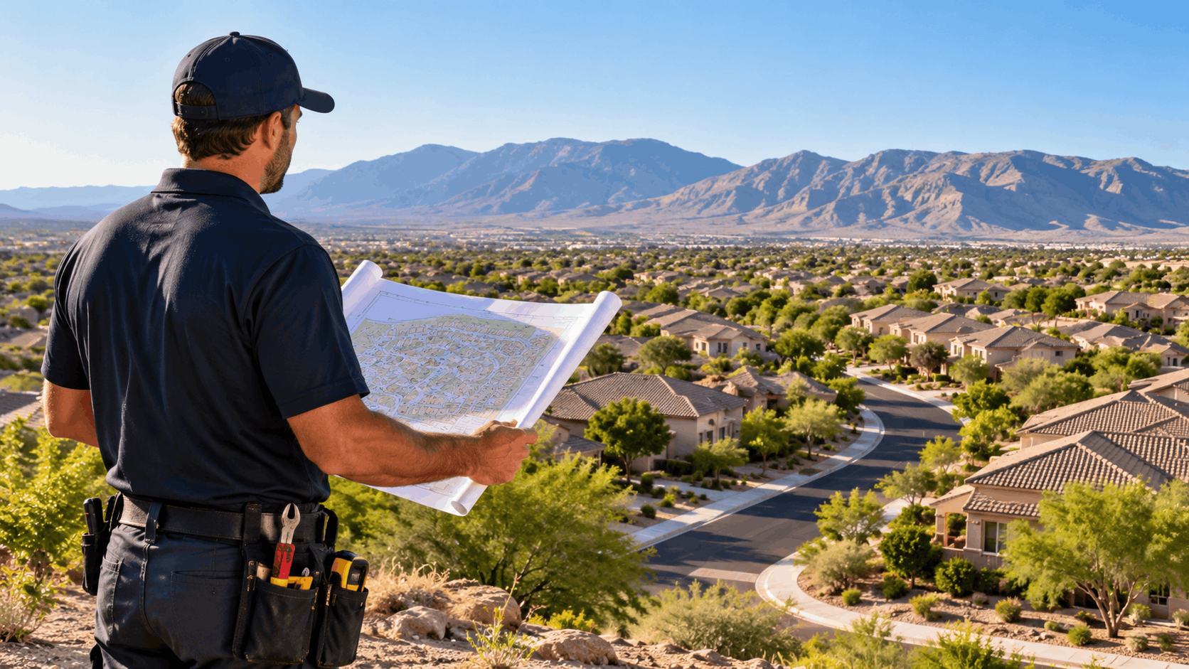 Plumbing technician reviewing blueprints overlooking Summerlin Las Vegas residential neighborhood with mountains