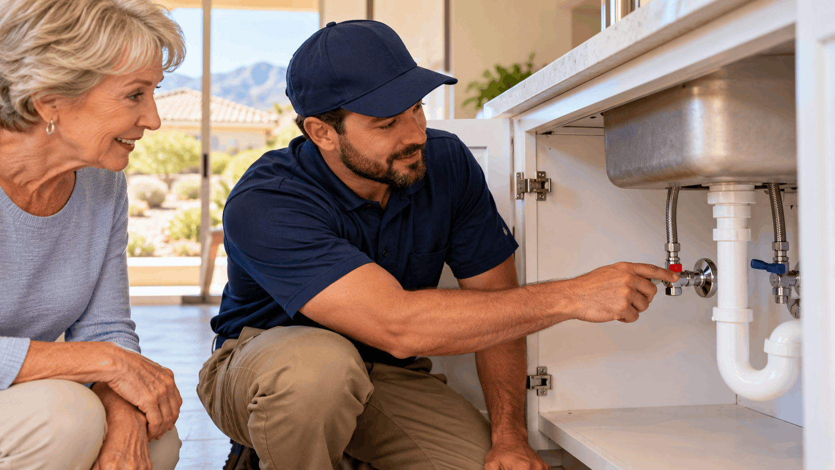 Plumber showing homeowner aging shutoff valves under bathroom sink in Sun City Summerlin
