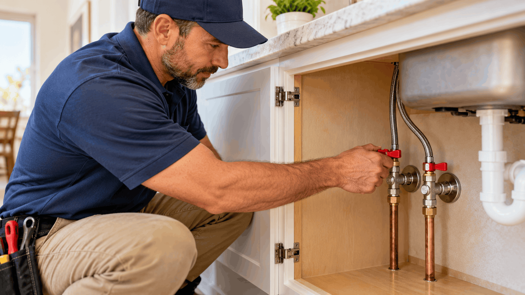 Licensed plumber adjusting copper pipe ball valves under kitchen sink cabinet